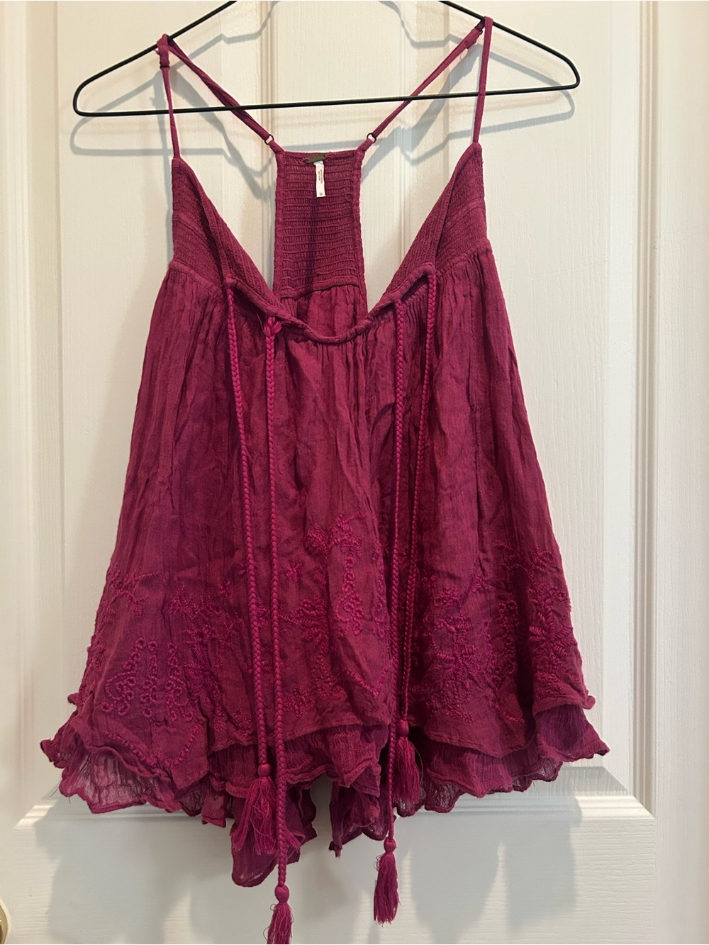 Free People Magenta Embroidered Spaghetti Strap Tback Tank Top